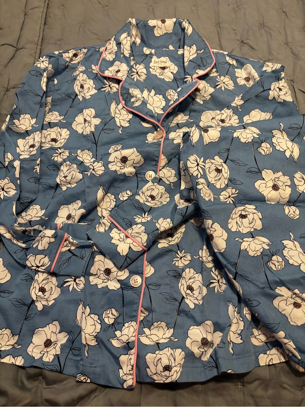 BedHead Blue Floral Cotton Pajama Top with Pink Piping